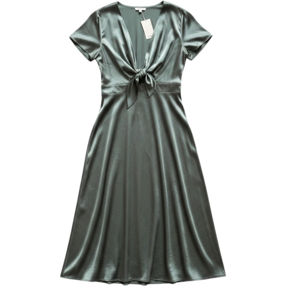 Baltic Born Midi Dress XXL Olive Green Satin Tie Front Flutter Sleeve Elegant